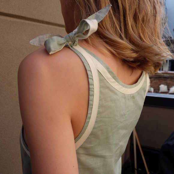 Y2K Rag & Bone Green Cream Linen Sleeveless Babydoll Mini Dress / Tunic • 2 / XS - Picture 8 of 15